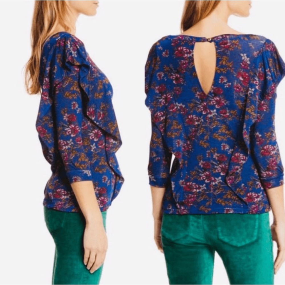 Free People Slinky Floral Ruffle Sleeve Blouse - Picture 2 of 10